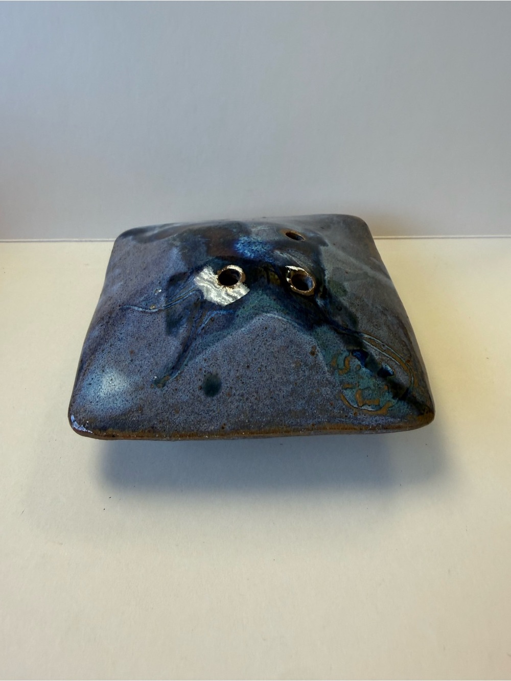 Vintage Handcrafted Ceramic Blue Glazed Square Flower Frog Vase Incense Holder.